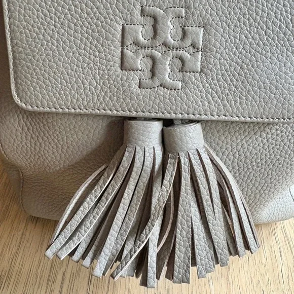 $450 TORY BURCH Thea Mini Pebble Leather Backpack Purse French Gray Tassels EUC - Picture 2 of 13